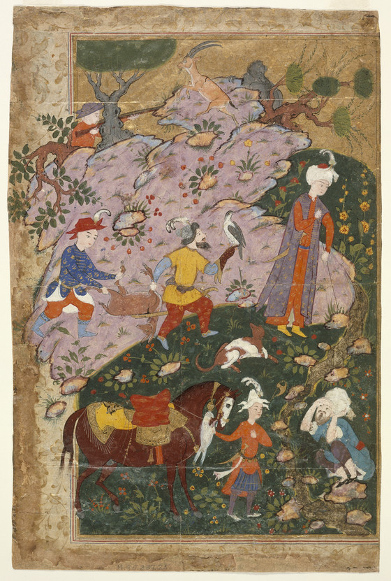 Courtiers and attendants, one in the crab hat, in a landscape, 1585–1590
