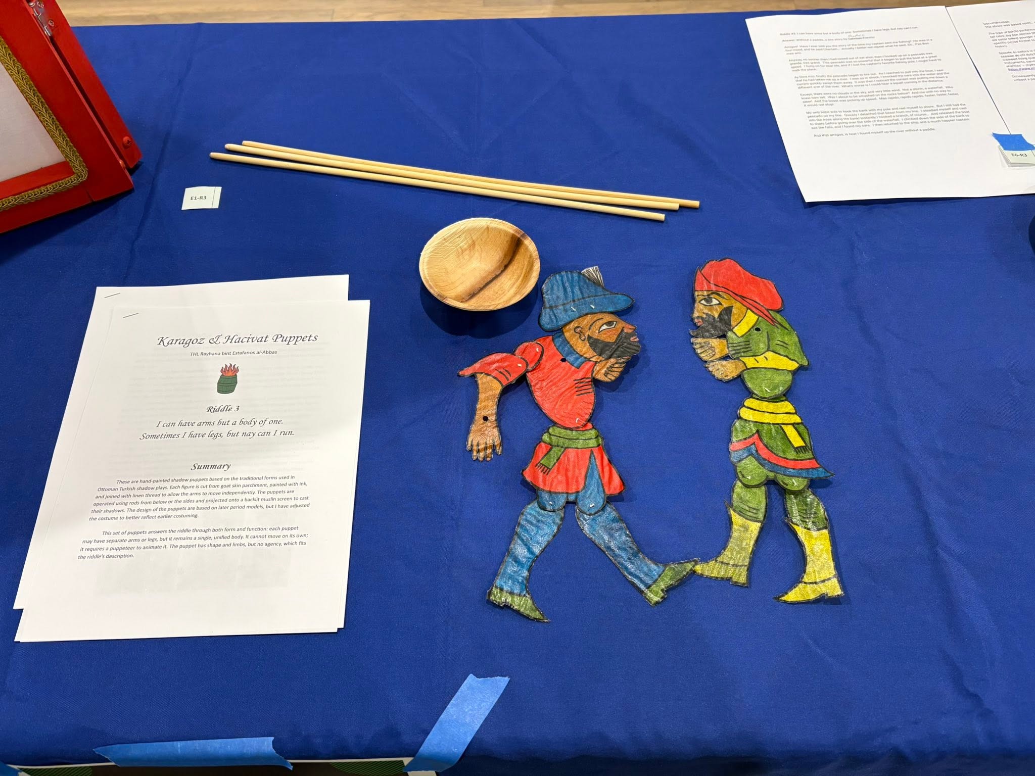 The finished Karagöz and Hacivat puppets assembled and displayed with their manipulation rods