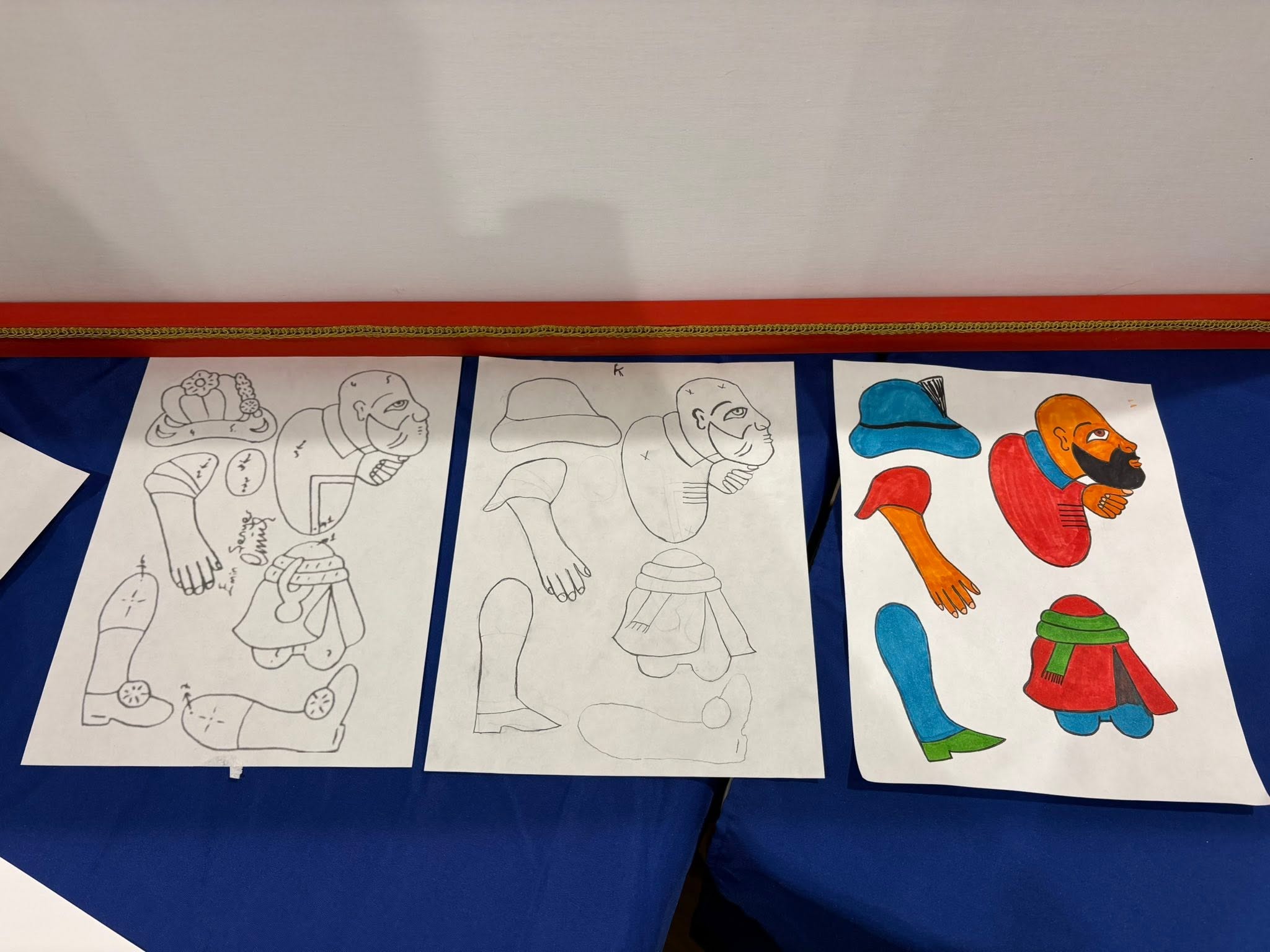 Karagöz design sheets side by side: original template, redrawn 16th-century outline, and finished painted version