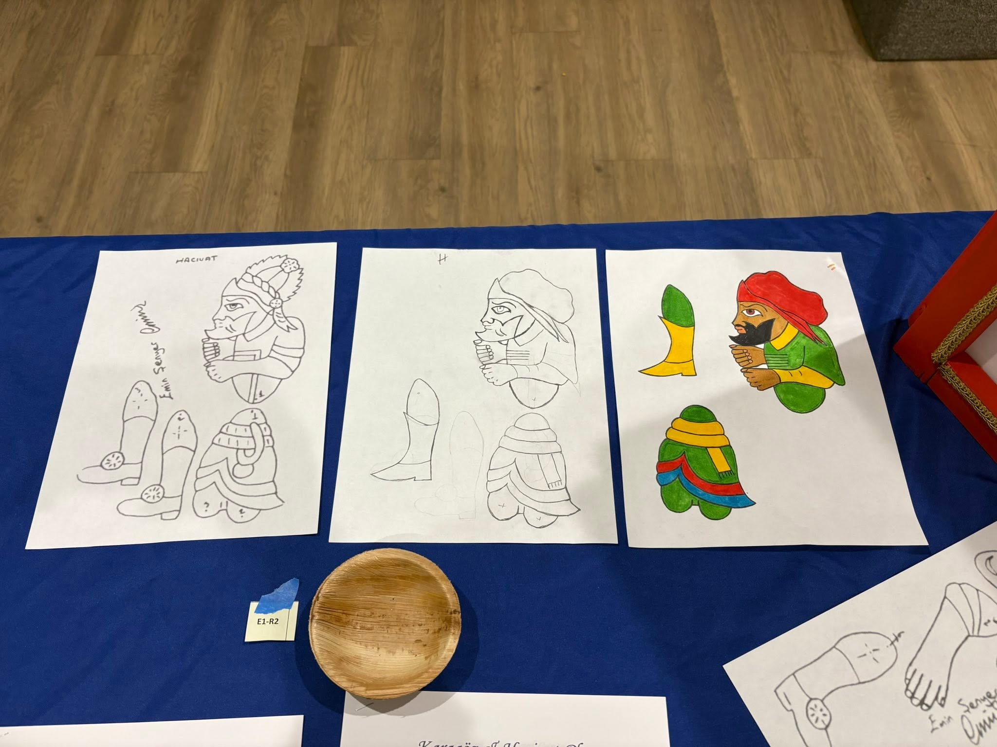 Hacivat design sheets side by side: original template, redrawn 16th-century outline, and finished painted version