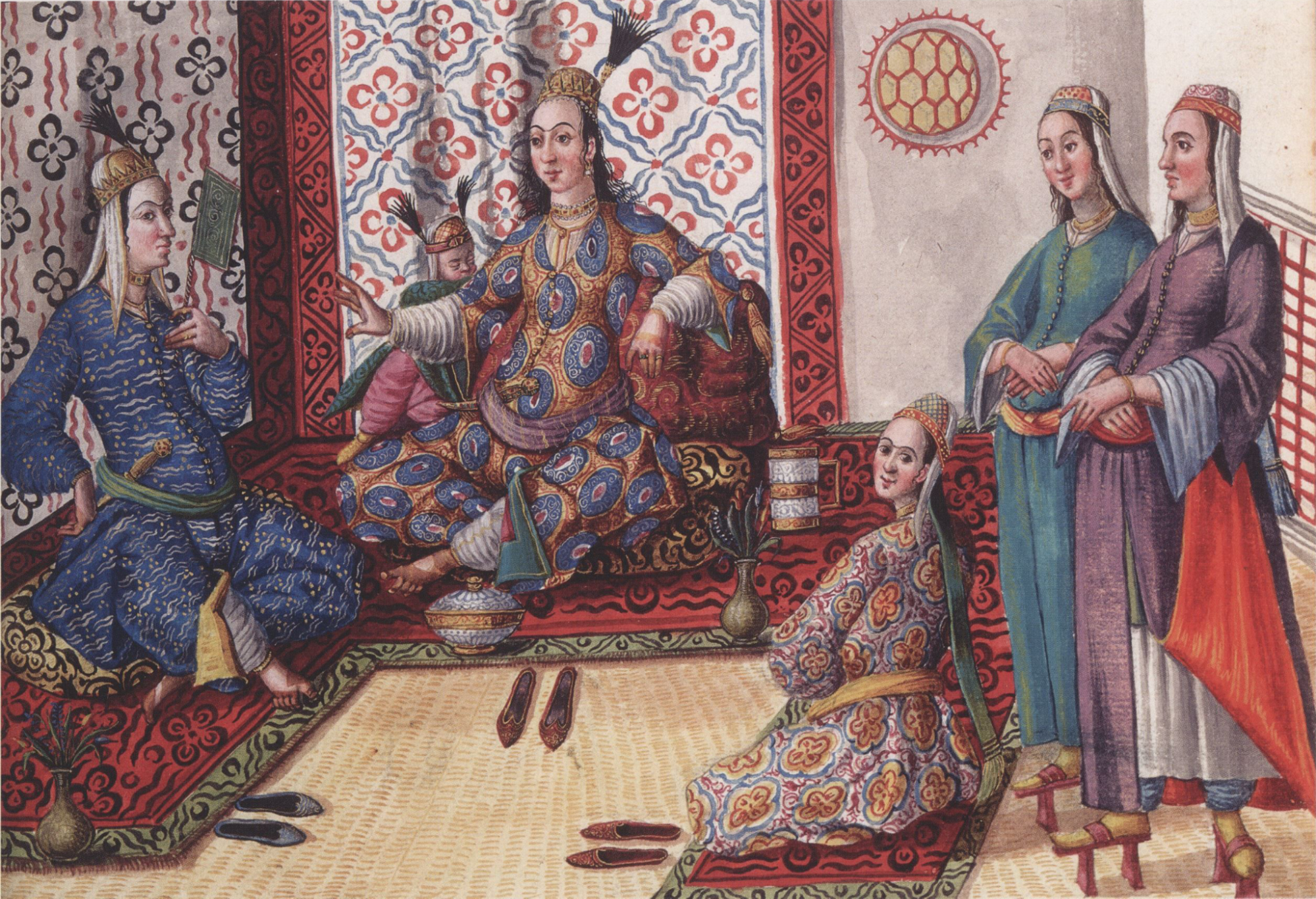 Codex Vindobonensis 8626 — seated harem women and standing servants wearing headbands