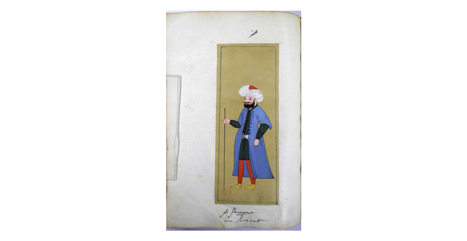 Reproduction of a sergeant in a blue caftan and a turban with a red hat