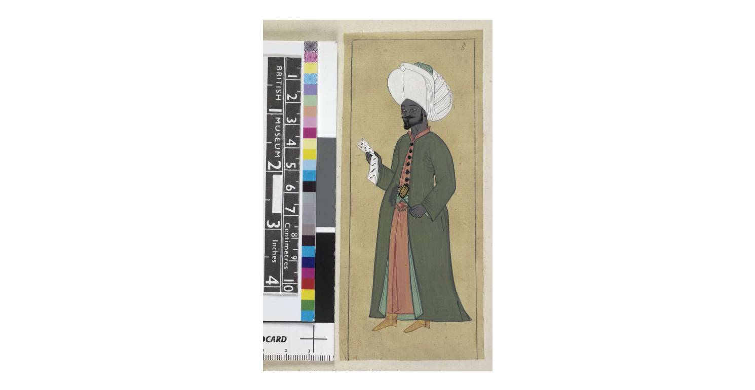 Reproduction of a man in a green caftan holding a small fan, wearing an elaborate turban